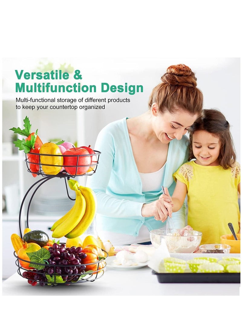 2 Tier Detachable Large Capacity Countertop Fruit Basket Storage and Vegetables Rack Bread Display with Banana Hanger - Image 2